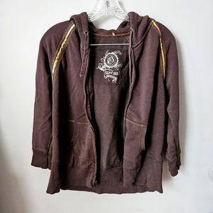 Vintage GAP 1969 Women's Large Dark Brown/Gold Striped Zipper 3/4 Sleeve Hoodie